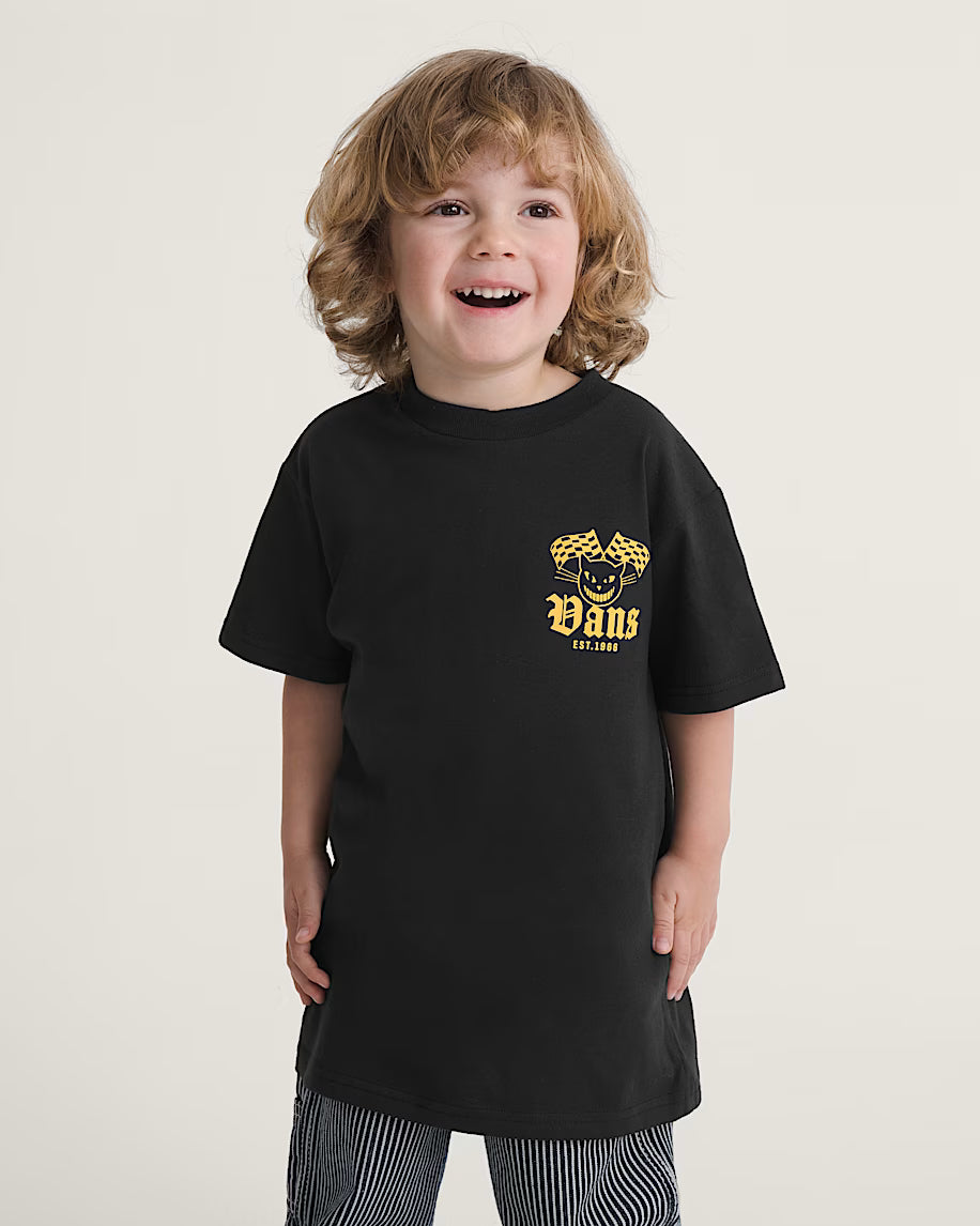 T-Shirt - Vans noir à manches courtes avec motif jaune porté par un enfant vue de face