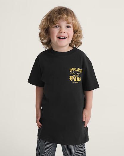 T-Shirt - Vans noir à manches courtes avec motif jaune porté par un enfant vue de face