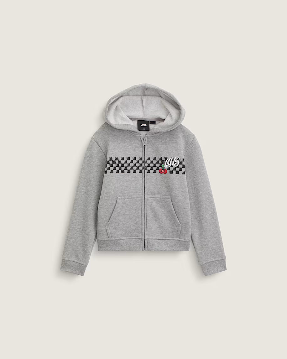 Veste Checker Cherries - Vans grise à capuche avec motif damier noir et logo rouge blanc, pour fille, vue de face