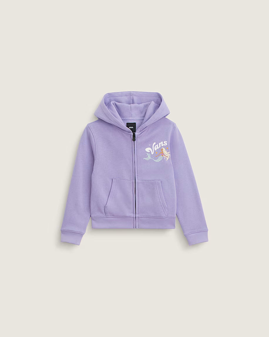 Veste - Vans violet clair à capuche avec zipper et poche frontale, logo blanc et motif floral, vue de face enfant