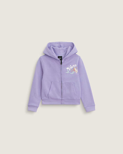 Veste - Vans violet clair à capuche avec zipper et poche frontale, logo blanc et motif floral, vue de face enfant