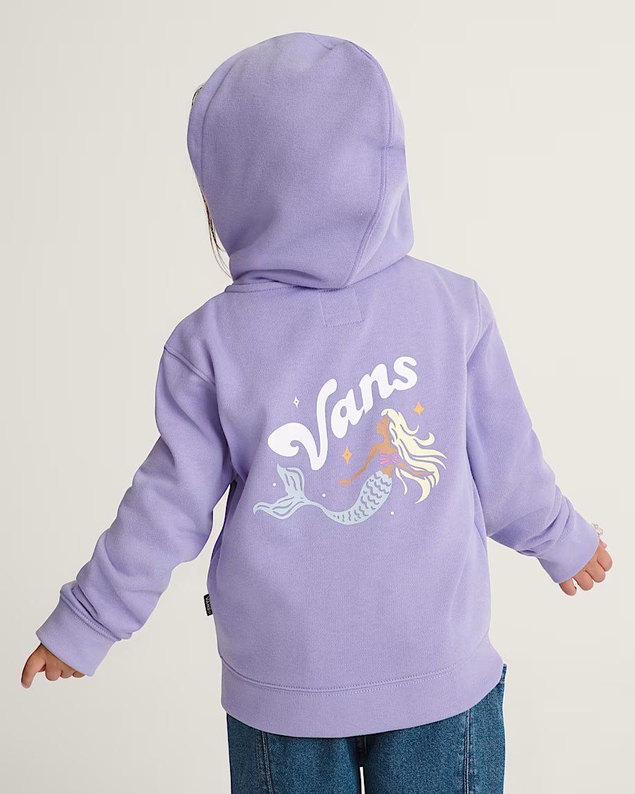 Veste - Vans violet en coton avec capuche, imprimé sirène et logo blanc, pour enfant, vue de dos portée sur mannequin.