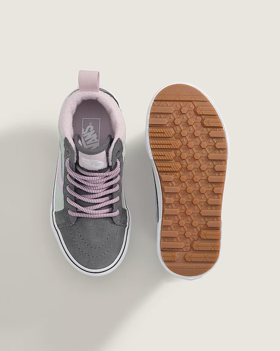 Bottilons Mi-Saison Sk8-Hi Isolé - Vans gris et rose pour enfant avec semelle visible vue du dessus