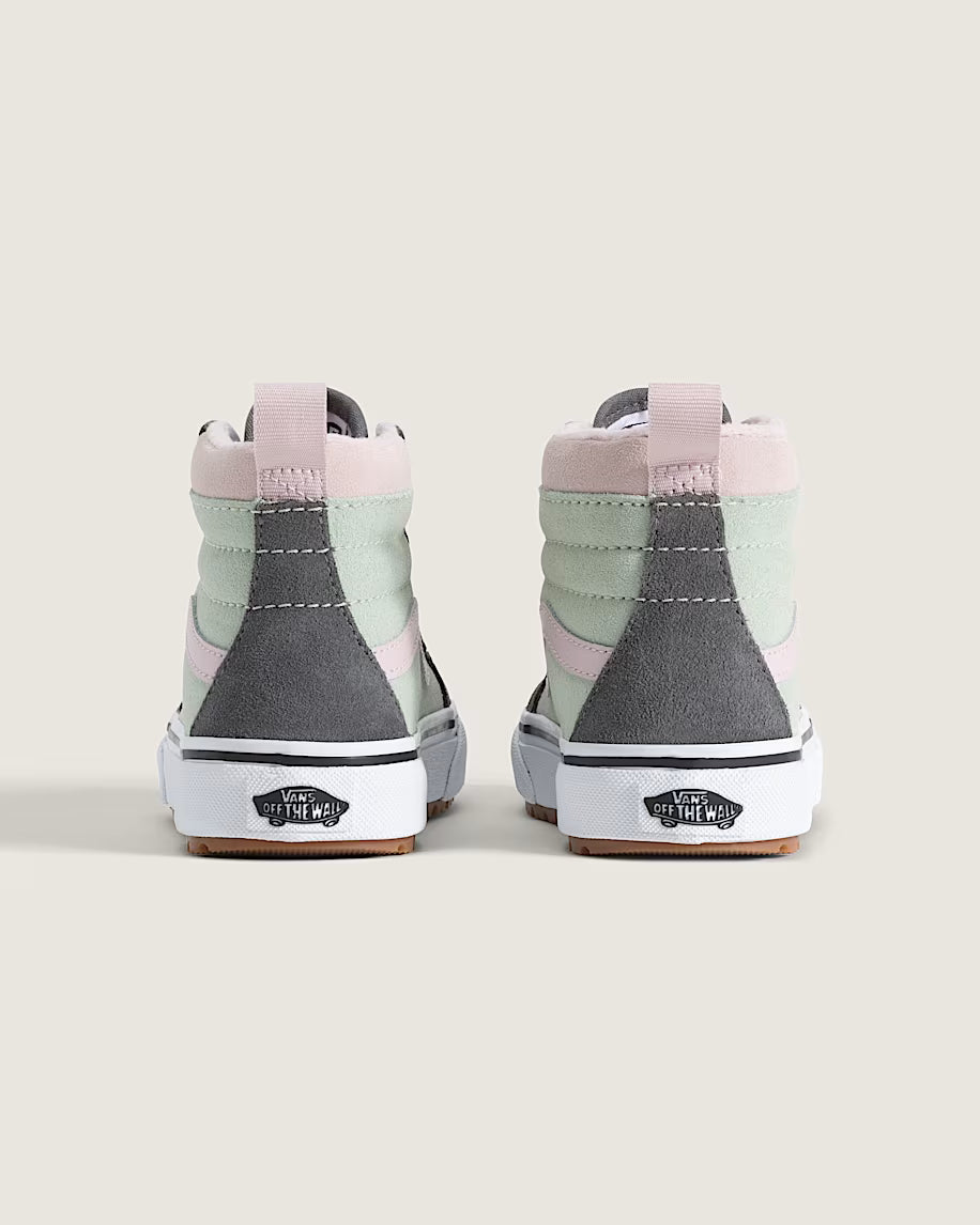 Bottilons Mi-Saison Sk8-Hi Isolé - Vans en toile gris anthracite rose pâle et vert menthe vue de dos