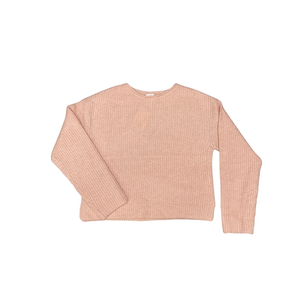 Chandail - Mandarine & Co en maille côtelée rose pâle, manches longues, col rond, vue de face, pour enfant.