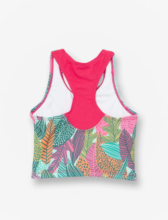 Maillot de bain - M.I.D. bustier multicolore à motifs feuilles avec dos nageur rose, vue de dos, pour enfant.