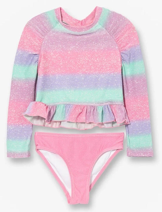 Maillot de bain - M.I.D. pour enfant fille, haut manches longues rayé rose, violet et vert, bas rose, vue de face