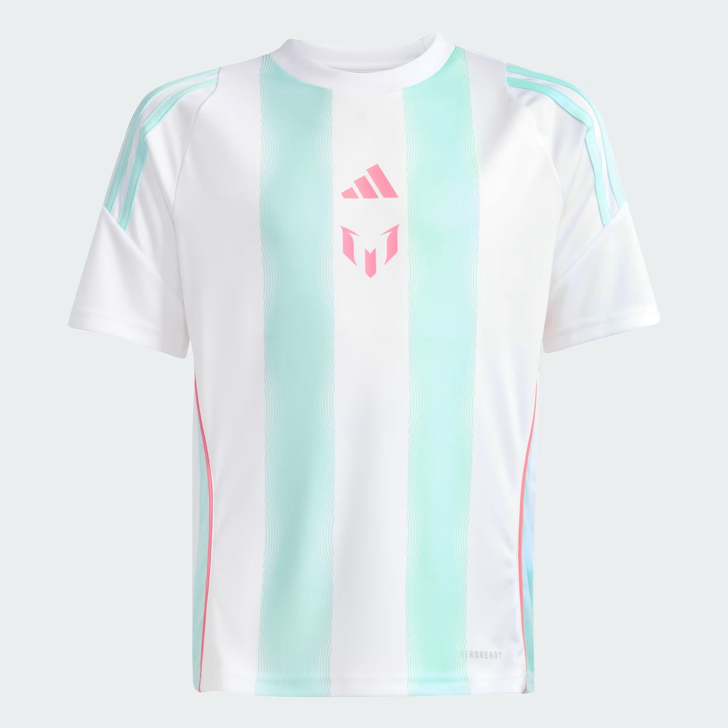 Jersey Messi - Adidas blanc avec rayures bleu clair verticales, détails rose, manches courtes, pour enfant, vue de face.