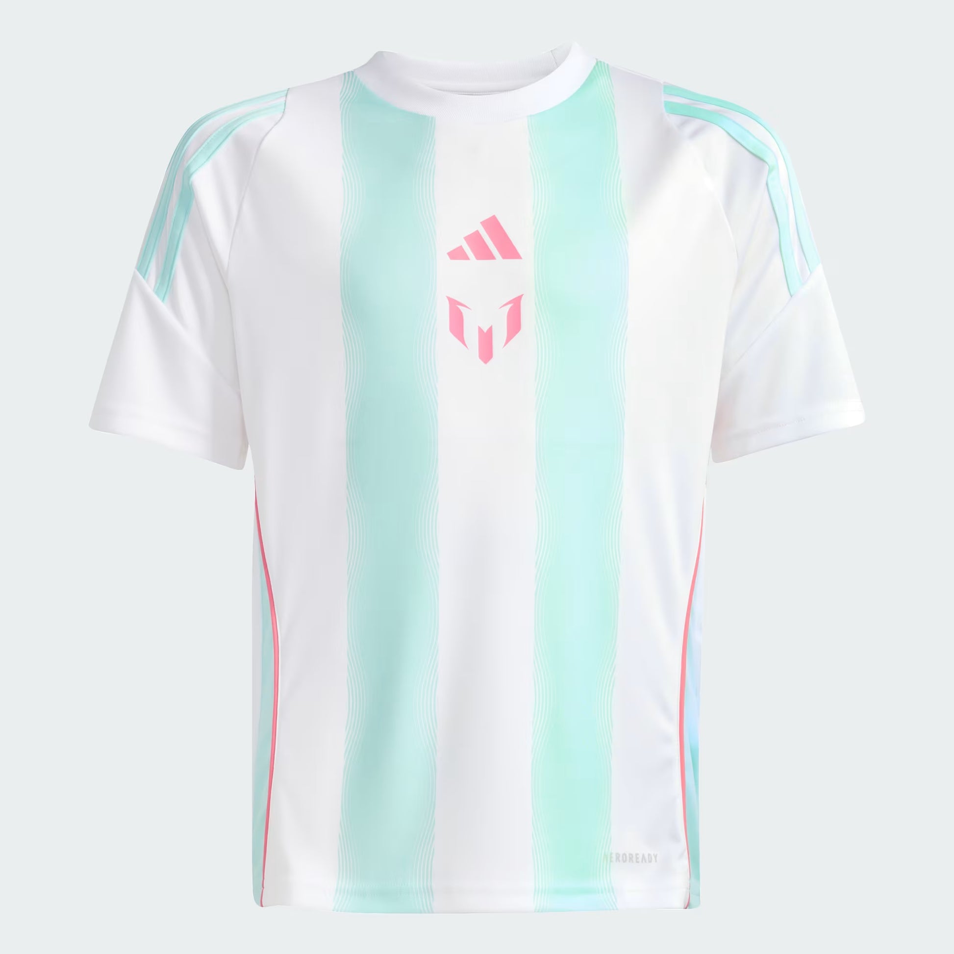 Jersey Messi - Adidas blanc avec rayures bleu clair verticales, détails rose, manches courtes, pour enfant, vue de face.