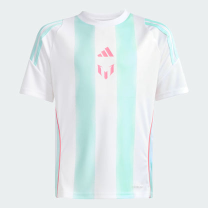 Jersey Messi - Adidas blanc avec rayures bleu clair verticales, détails rose, manches courtes, pour enfant, vue de face.