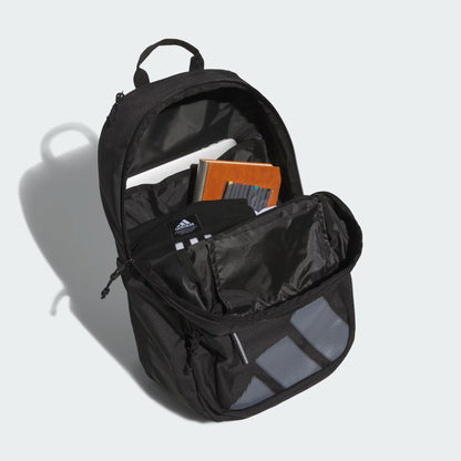 Sac à dos - Adidas noir en tissu polyester avec plusieurs compartiments ouverts montrant un carnet et un ordinateur portable, vue de face.