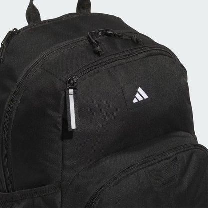 Sac à dos - Adidas noir en tissu résistant avec fermeture zippée, vue en gros plan sur les détails avant, style unisexe adulte.