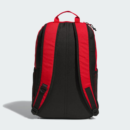 Sac à dos - Adidas bicolore rouge et noir en tissu polyester, vue de dos avec bretelles rembourrées et poignée supérieure rouge.