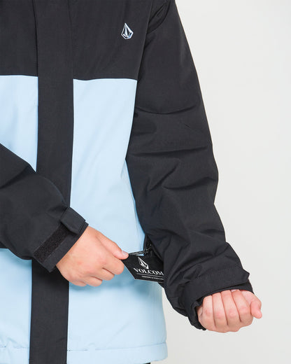 Manteau d'hiver Sass'n'frass - Volcom noir et bleu clair porté avec détail de la manche réglable