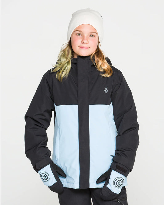 Manteau d'hiver Sass'n'frass - Volcom noir et bleu clair, style hivernal, porté par une fille vue de face