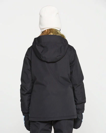 Manteau d'hiver Sass'n'frass - Volcom noir à capuche pour enfant porté de dos avec bonnet blanc
