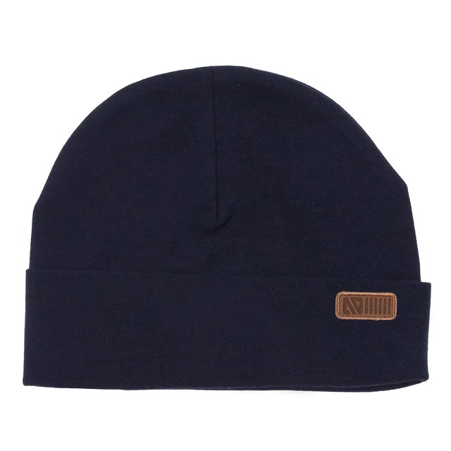 Tuque en jersey - Nanö bleu marine avec revers et écusson brun vue de face