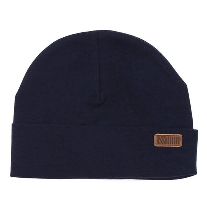 Tuque en jersey - Nanö bleu marine avec revers et écusson brun vue de face