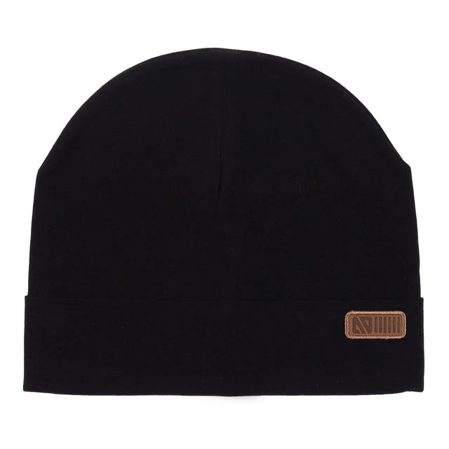 Tuque en jersey - Nanö noire avec écusson décoratif sur le revers vue de face