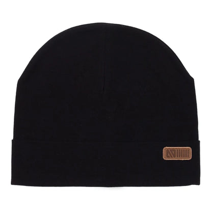 Tuque en jersey - Nanö noire avec écusson décoratif sur le revers vue de face