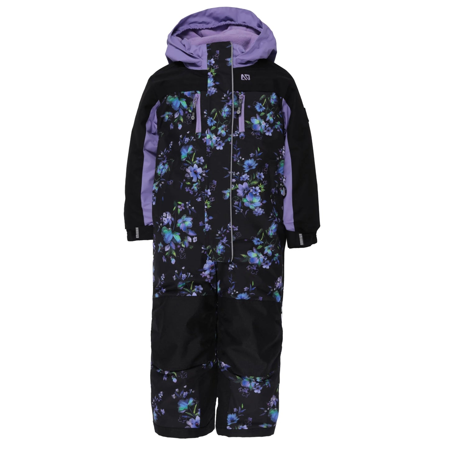 Habit de neige 1 pièce Emma - Nanö noir et violet avec motifs floraux bleus, pour enfant, combinaison intégrale vue de face avec capuche.