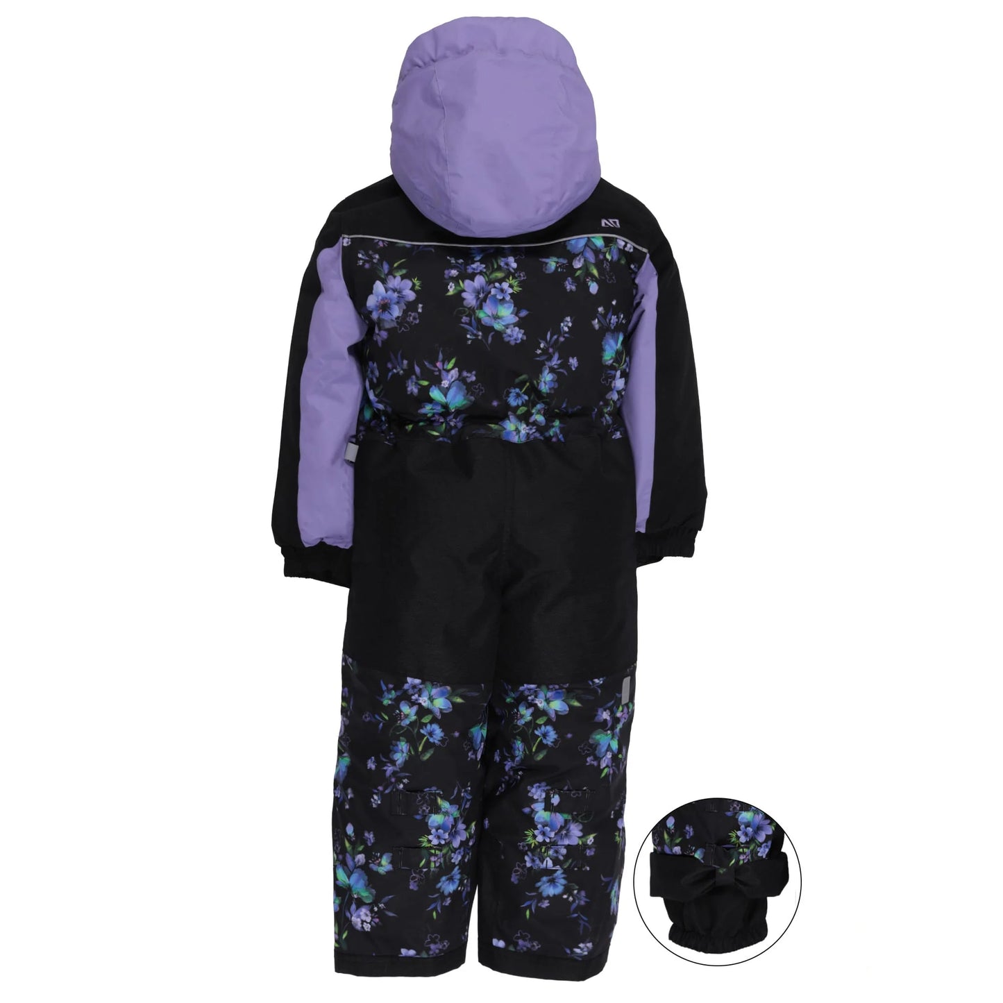 Habit de neige 1 pièce Emma - Nanö en tissu noir et violet avec motifs floraux bleus et verts, enfant, vue de dos avec capuche.