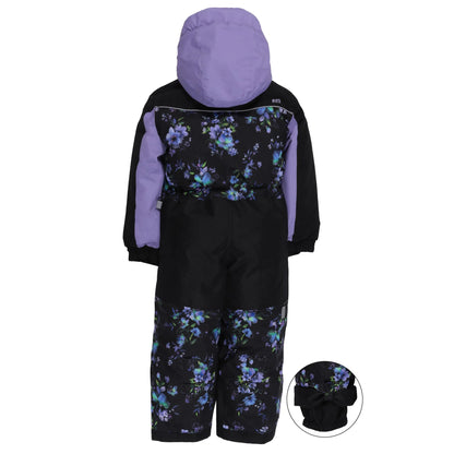 Habit de neige 1 pièce Emma - Nanö en tissu noir et violet avec motifs floraux bleus et verts, enfant, vue de dos avec capuche.