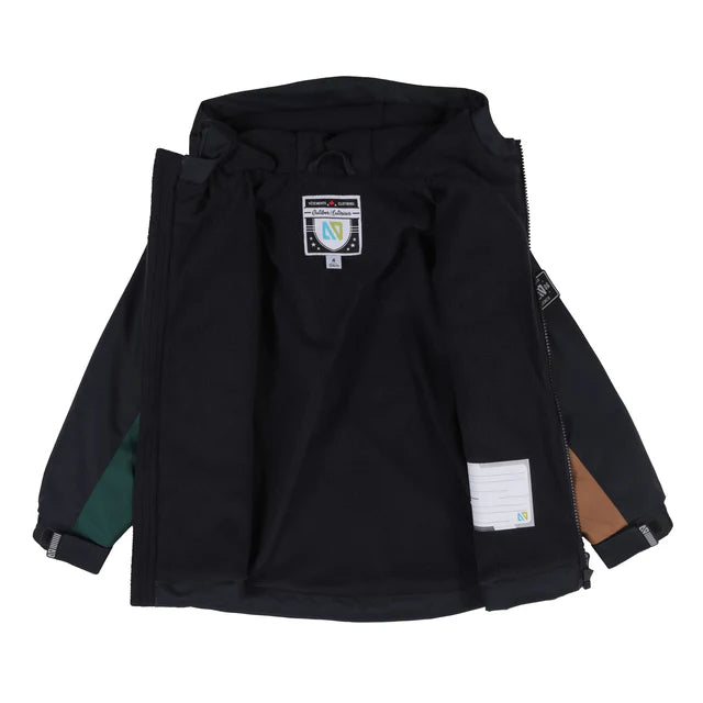 Manteau Mi-Saison - Nanö noir avec manches bleu vert et marron, intérieur visible, pour enfant, vue de dos ouvert