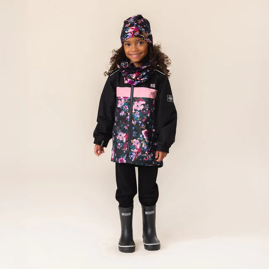 Cache-cou en jersey - Nanö noir et rose à motifs floraux porté par enfant fille, vue de face, style casual et confortable.