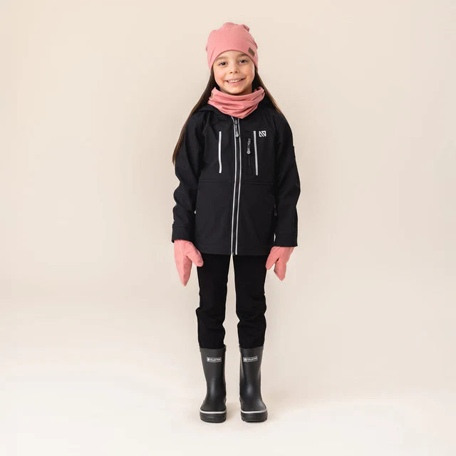 Manteau Mi-Saison Softshell - Nanö noir pour enfant fille, style mi-saison, porté sur mannequin, vue de face