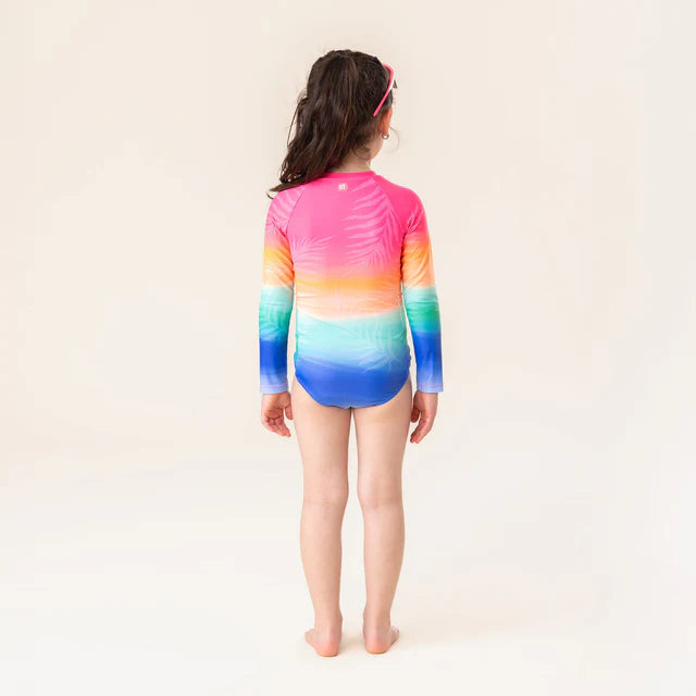 Maillot de bain - Nanö à manches longues multicolore dégradé rose, orange, vert, bleu, pour enfant fille, vue de dos