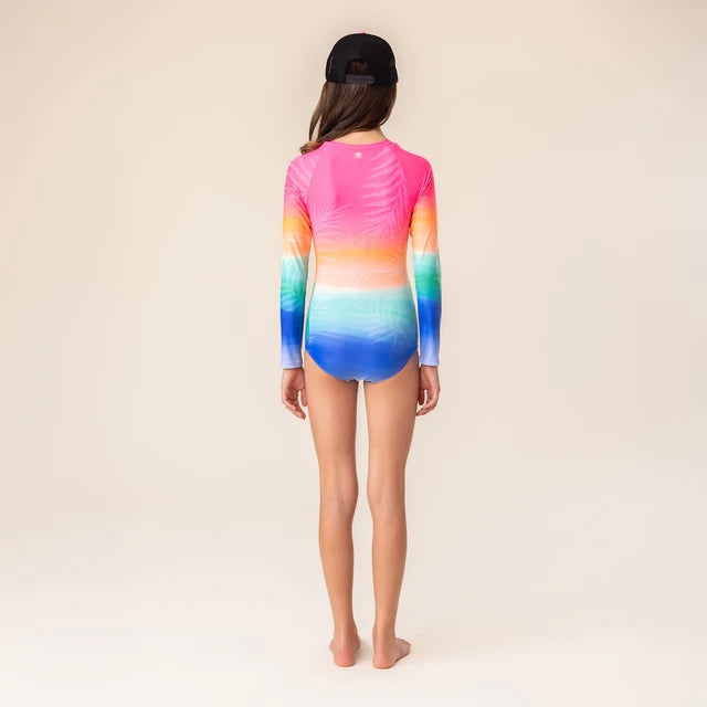 Maillot de bain - Nanö une pièce manches longues multicolore rose, orange, bleu, pour fille, vue de dos.