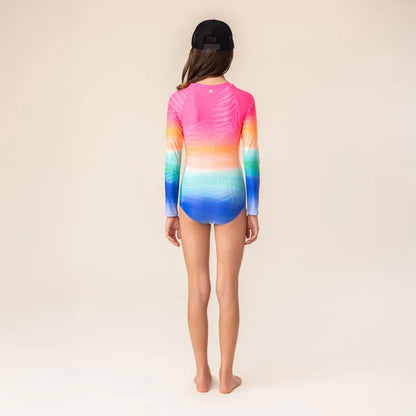 Maillot de bain - Nanö une pièce manches longues multicolore rose, orange, bleu, pour fille, vue de dos.