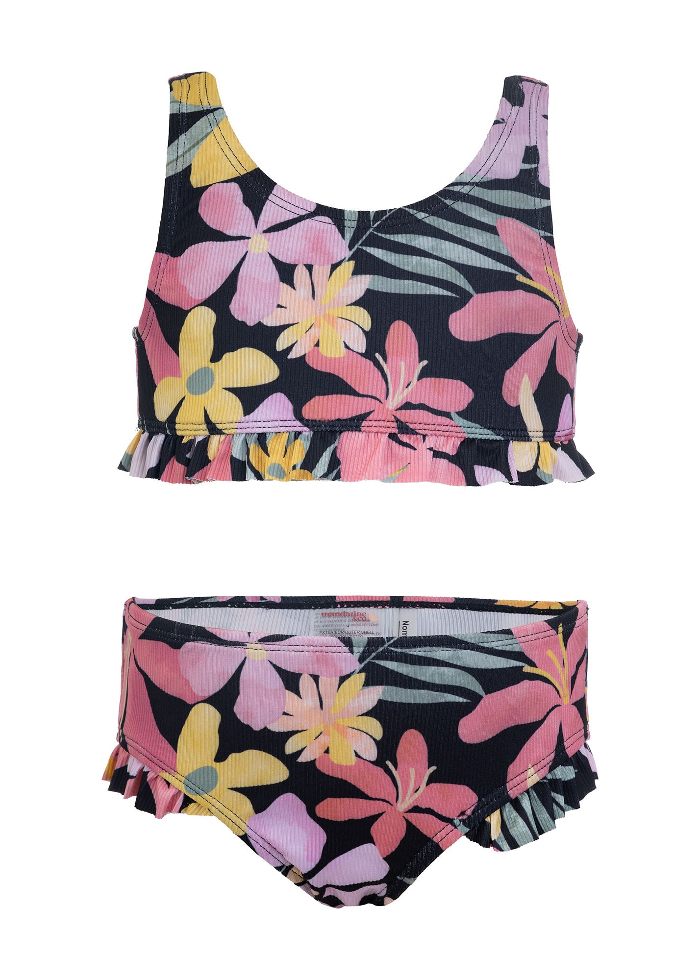 Maillot de bain - Mandarine & Co deux-pièces noir à imprimé floral rose, jaune et vert, style crop top et culotte à volants, pour enfant, vue de face.
