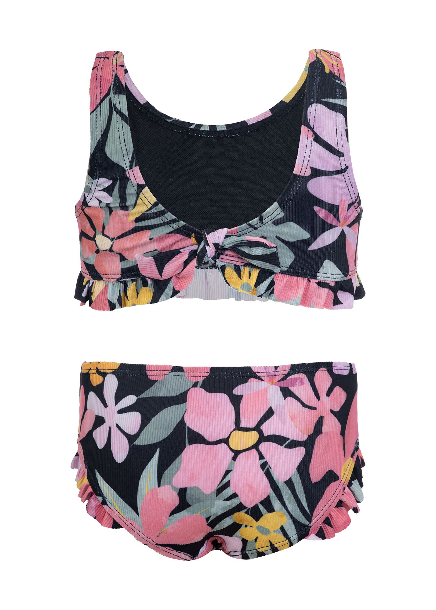 Maillot de bain - Mandarine & Co deux pièces noir avec motifs floraux roses, jaunes et verts, style crop top et culotte à volants, pour enfant fille, vue de face.