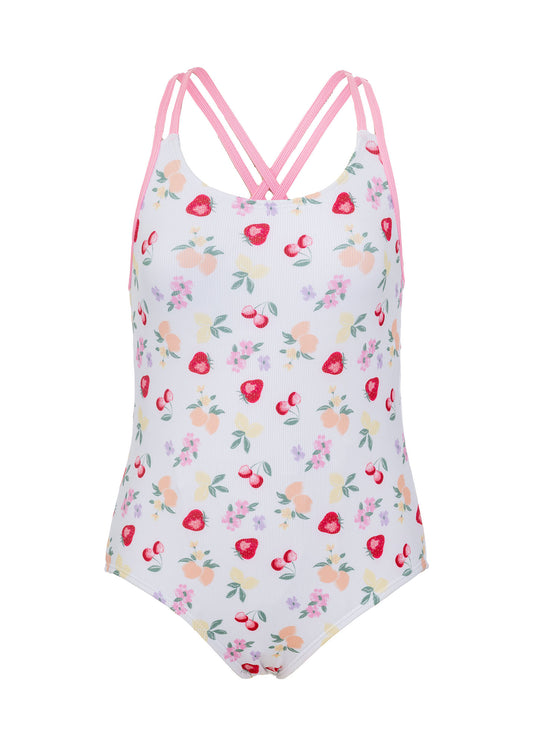 Maillot de bain - Mandarine & Co blanc avec imprimé fruits colorés, bretelles fines doubles roses, style une pièce pour fille, vue de face.