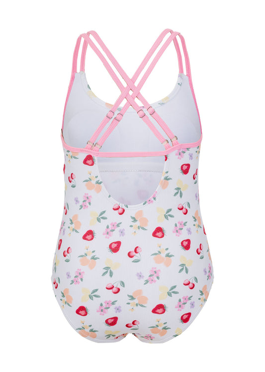 Maillot de bain - Mandarine & Co blanc à imprimé fruits colorés avec bretelles croisées roses, style une pièce, pour enfant, vue de dos.