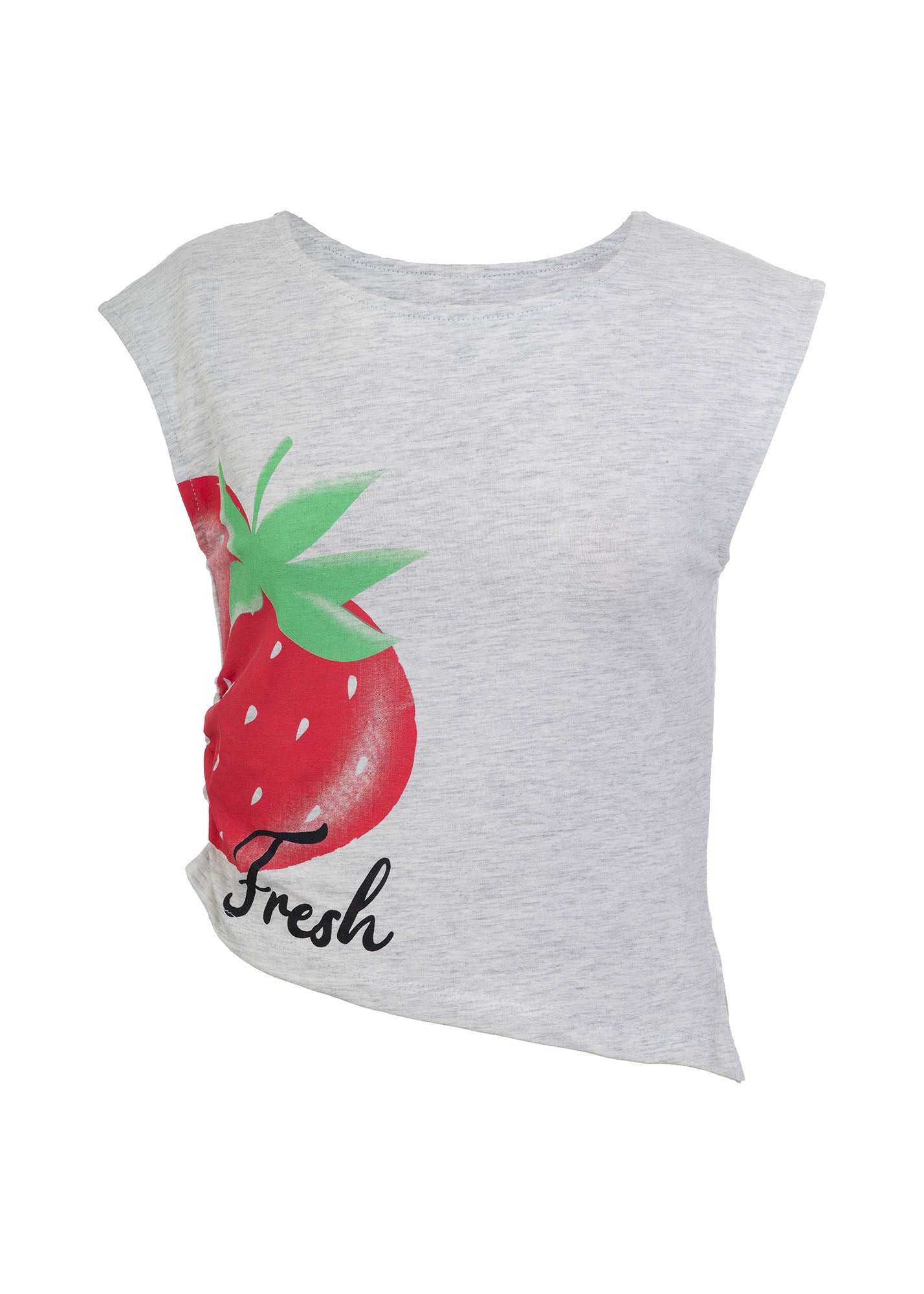 T-Shirt - Mandarine & Co gris clair en coton avec motif fraise rouge et feuille verte, style asymétrique, vue de face.