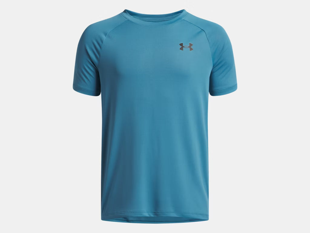 T-Shirt - Under Armour bleu turquoise uni en tissu technique léger, style sport, vue de face, pour enfant garçon.