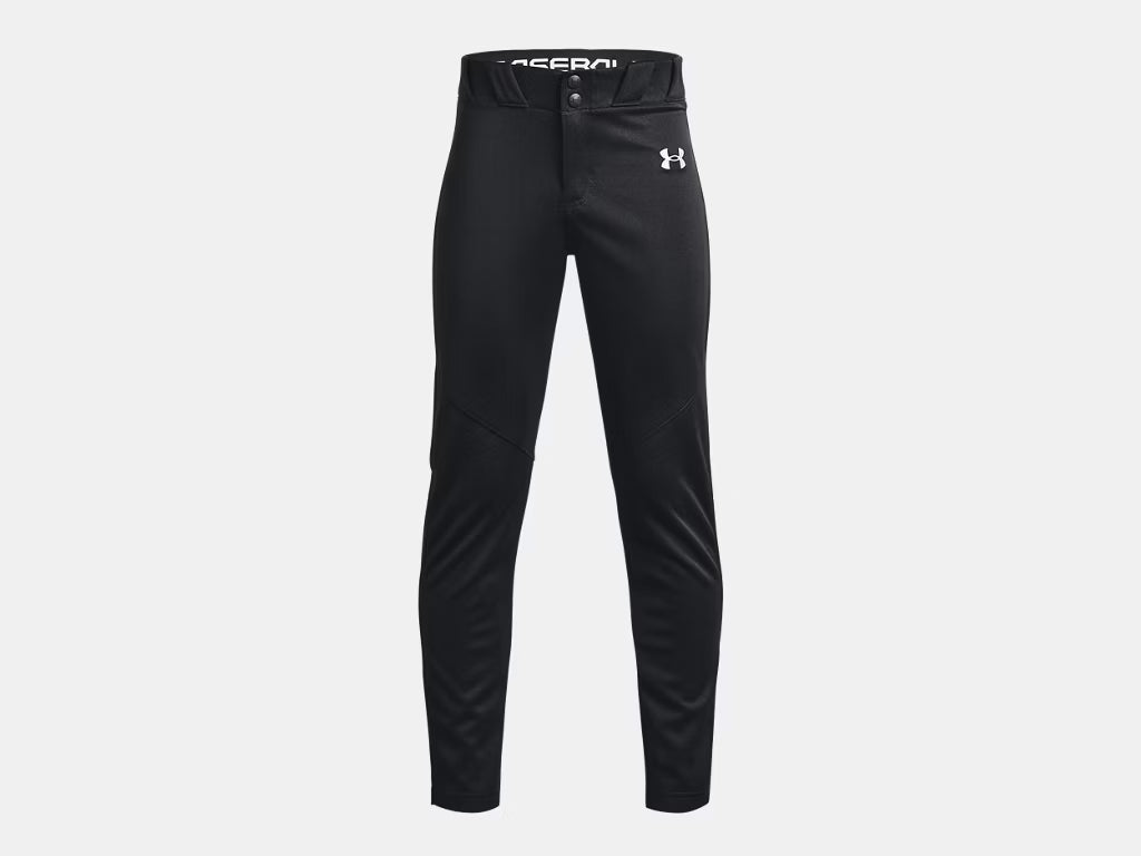 Pantalon de baseball UA Utility - Under Armour noir en tissu léger et performant, vue de face sans mannequin.