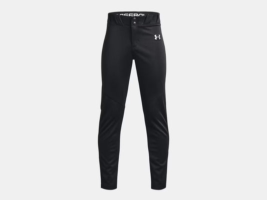 Pantalon de baseball UA Utility - Under Armour noir en tissu léger et performant, vue de face sans mannequin.