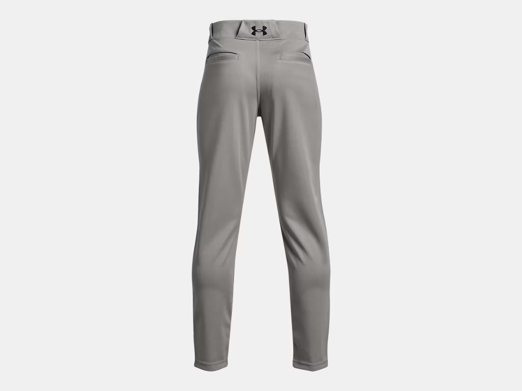 Pantalon de baseball UA Utility - Under Armour gris clair en tissu léger, vue de dos, coupe droite pour enfant garçon