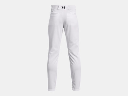 Pantalon de baseball UA Utility - Under Armour blanc en tissu léger, vue de dos, ceinture avec logo, style performance enfant garçon