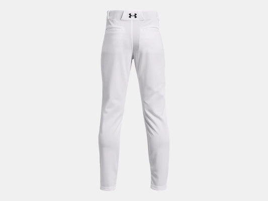 Pantalon de baseball UA Utility - Under Armour blanc en tissu léger, vue de dos, ceinture avec logo, style performance enfant garçon