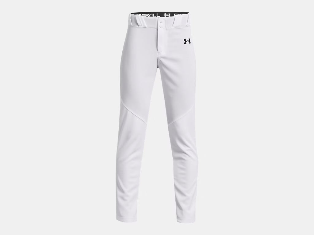 Pantalon de baseball UA Utility - Under Armour blanc en tissu léger et performant, détail vue de face, taille enfant garçon.