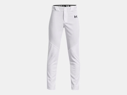 Pantalon de baseball UA Utility - Under Armour blanc en tissu léger et performant, détail vue de face, taille enfant garçon.