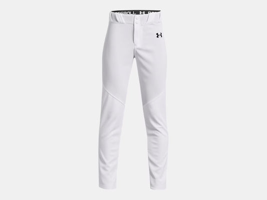 Pantalon de baseball UA Utility - Under Armour blanc en tissu léger et performant, détail vue de face, taille enfant garçon.
