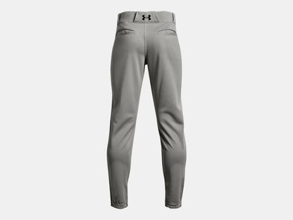Pantalon de baseball - Under Armour gris clair pour enfant, tissu léger, vue de dos avec logo noir au niveau de la taille