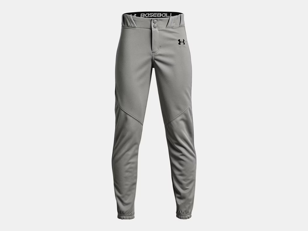 Pantalon de baseball - Under Armour gris clair en tissu léger, vue de face, pour joueur adulte, style sportif ajusté.