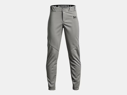 Pantalon de baseball - Under Armour gris clair en tissu léger, vue de face, pour joueur adulte, style sportif ajusté.